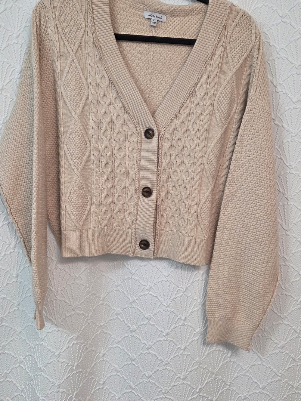 white birch Beige Cable Knit Button Cardigan